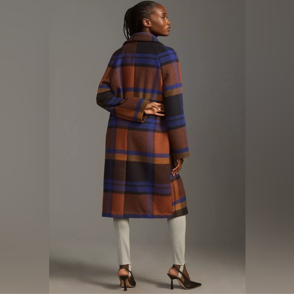 Anthropologie Brown, Blue & Black Plaid Wool-Blend Double-Breasted Pea Coat - Picture 8 of 10